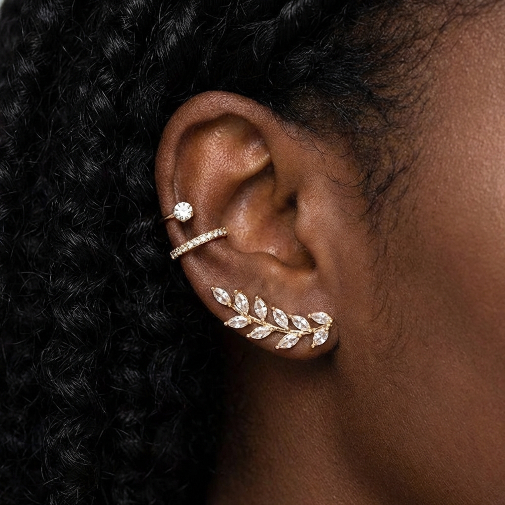 Image of A Set Of 3 Gold-colored Leaf-shaped Zirconia Earrings And Cartilage Clips - Elegant Jewelry For Women