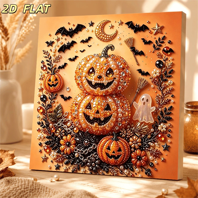 TEMU New 2dflat Pearl Painting Halloween Bejeweled Pumpkin Ghost Frameless Hand-stitched Canvas Art Piece, 25x25cm Craft Item, Suitable For Bedroom