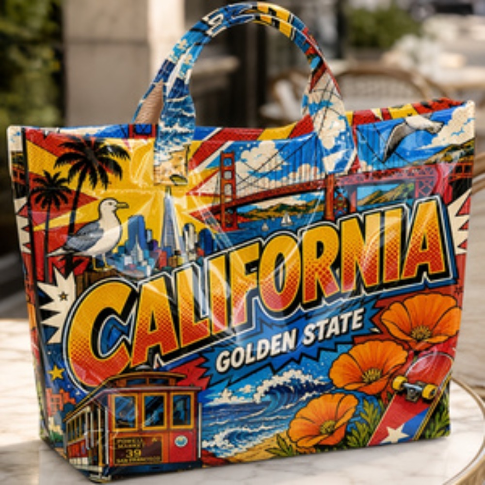 Image of A California-style Retro Comic-inspired, Sun- Tote Bag Featuring Colors, A , And Versatile Design. This Spacious, Lightweight Bag Is Perfect For The Beach, Camping, And Outdoor Leisure Activities.
