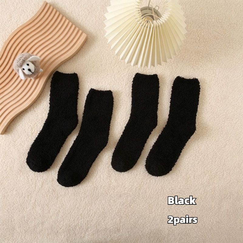 TEMU Of Unisex Thickened Coral Socks For Autumn/winter, Simple And Stylish Solid Color Versatile Soft And Comfortable Black Socks