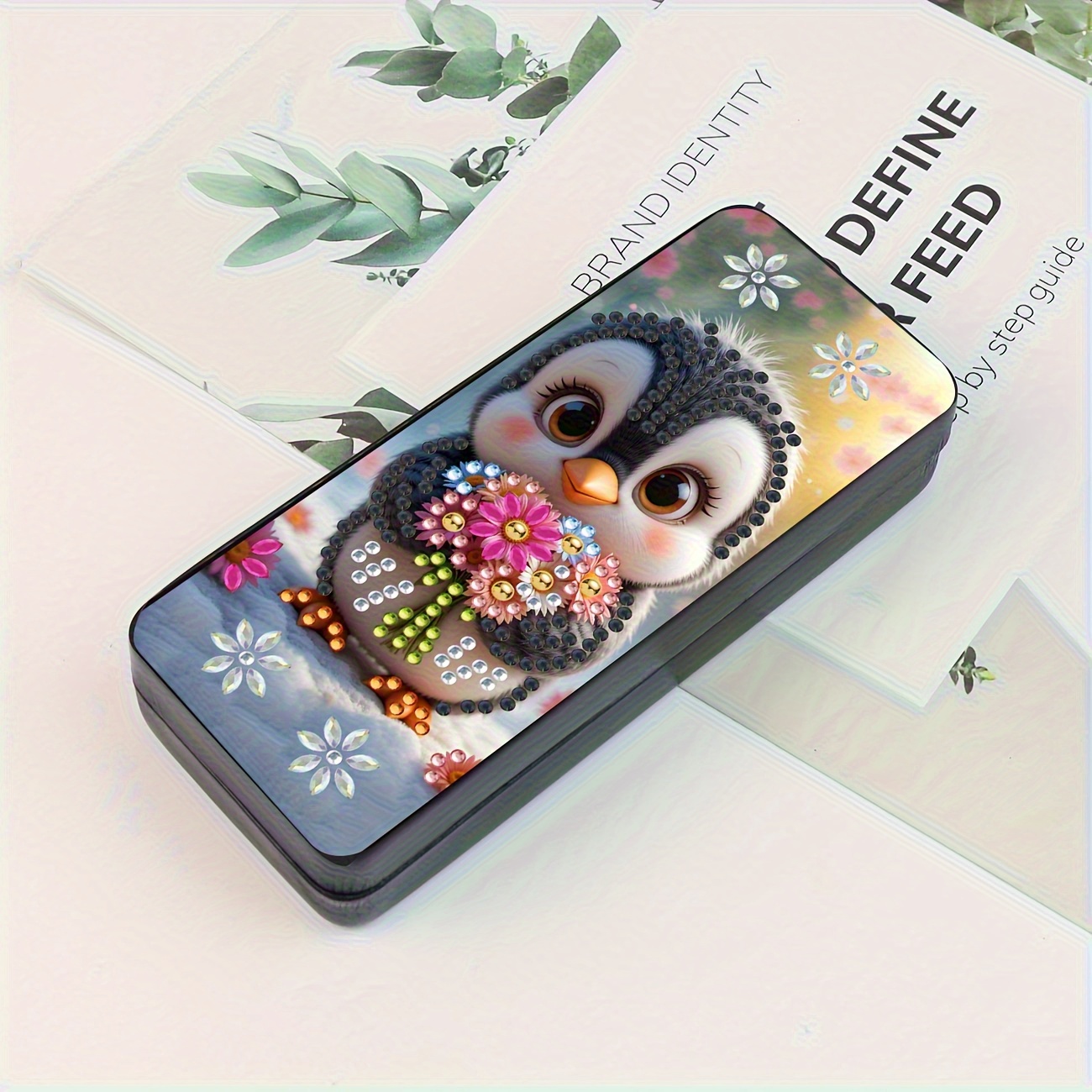 TEMU The Most Popular New Mural Of The Year: 1pc Diy 5d Diamond Painting Set, Featuring A Penguin Design With Sparkling Crystals, With A Faux Leather