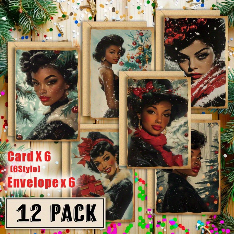 

12-pack Vintage Christmas Greeting Cards With Envelopes, Assorted Retro Set, Paper Material, Floor Mount Display, No Power Needed - Bulk Cards For Family, Friends, Colleagues