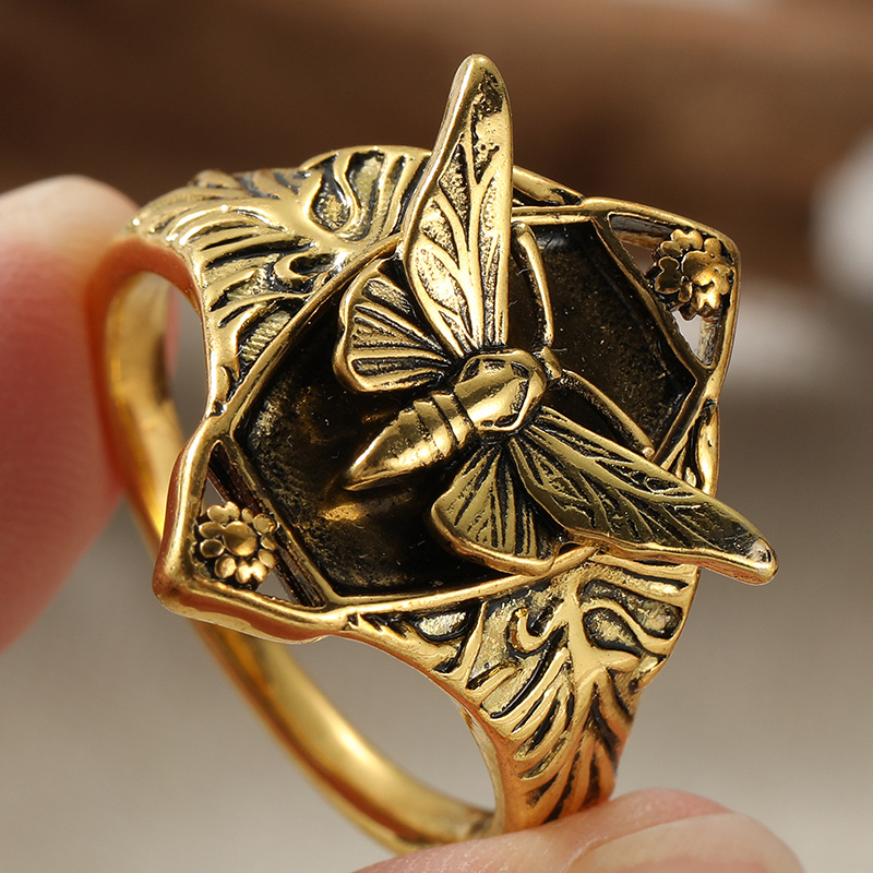 Ethnic Hand Carved Bee Women's Ring in Golden Color