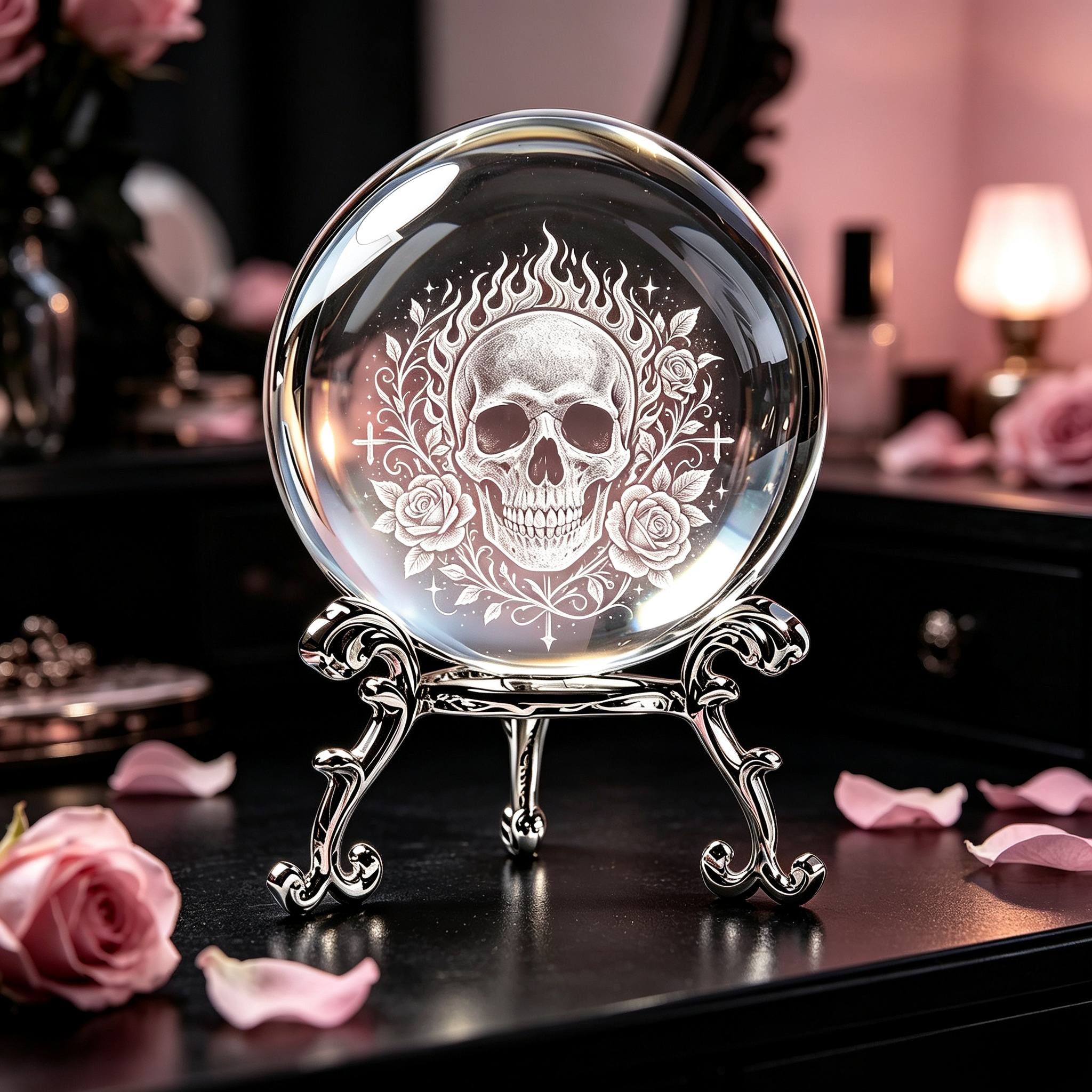 TEMU 6cm Transparent Crystal Ball, 3d Laser Inner Carved Flame Head, Rose Pattern, Vintage Carved Silvery Metal Stand, Dark Gothic Retro Style,