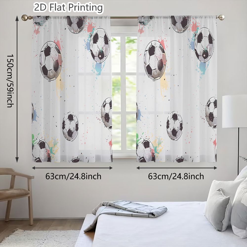 TEMU 2D Plat - 2D Plat - des rideaux transparents 2D Plat, pièces, pour et l'été, avec un motif de ballon de football de vifs éclaboussures de
