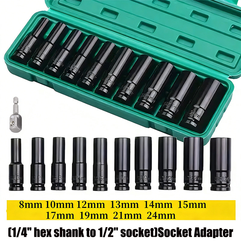 TEMU 10pcs 1/2 "drive Metric Deep Impact Socket + 1pc 1/2" Socket Adapter Set, Metric Tool Set 8mm-24mm, Wrench Extended Hexagonal Socket Set,