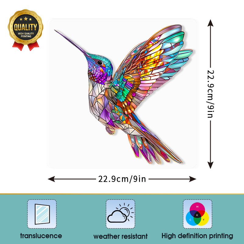 Image of 1pc Vibrant Hummingbird & Sparrow Sun - Stained Window Decal, 9"x9" Pet Film, Electrostatic No-glue Adhesive, Waterproof & Fade-resistant, Home & Rv Decor