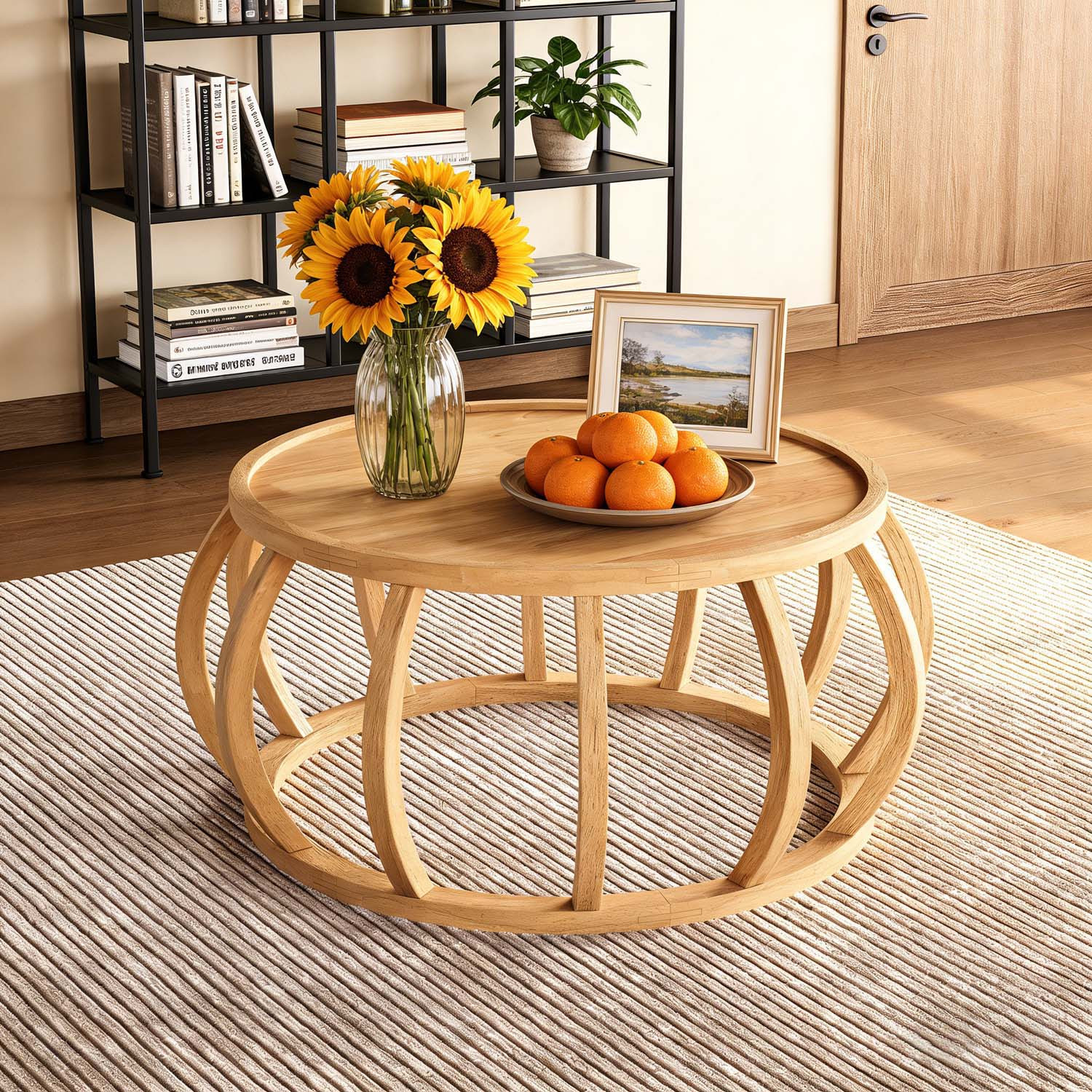 Natural Solid Wood -inch Round Coffee Table - Home Essential Daily Gift, Modern Curved Frame Center Table For Living Room, Easy Assembly, 1pc