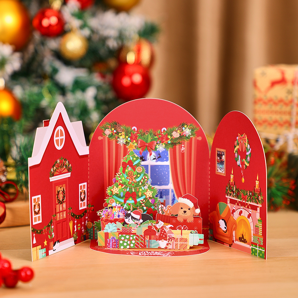 TEMU Tarjeta de felicitación navideña 3D Pop-Up, tarjeta Pop-Up de Navidad para interiores con de regalo de árbol de Navidad de cachorro, chimenea,
