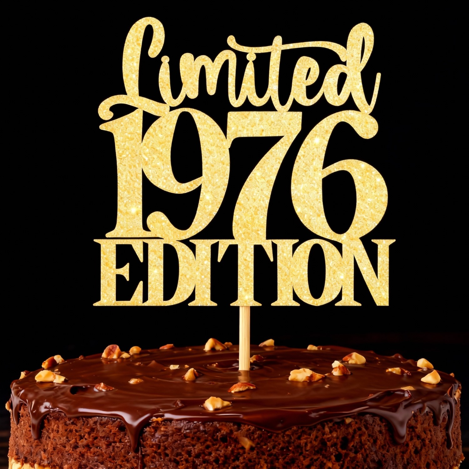 Image of Edition 1976 Golden Glitter Cake Topper For Birthday, Handmade Decoration (1pc) - Perfect For Christmas, Thanksgiving, And 50th Birthday Prep For Her Him