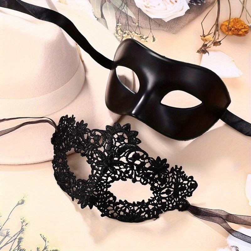 

2pcs Venetian Lace Masquerade Masks, Black Plastic Couple's Eye Mask For Mardi Gras, Halloween, And Parties