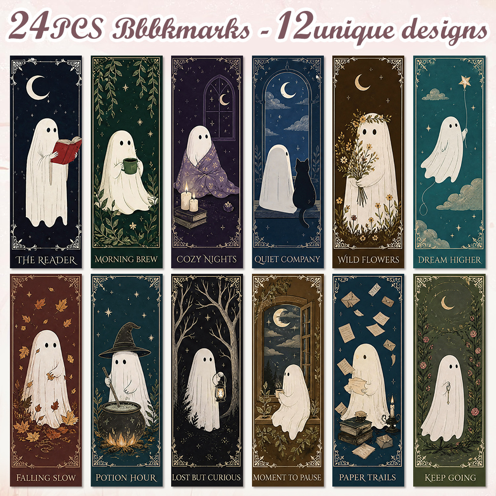 TEMU 24pcs (12 Unique Gothic Designs) Vintage Spooky Bookmarks Suitable For Book Lovers, Gothic Moon & Black Cat Page Markers, Halloween Book