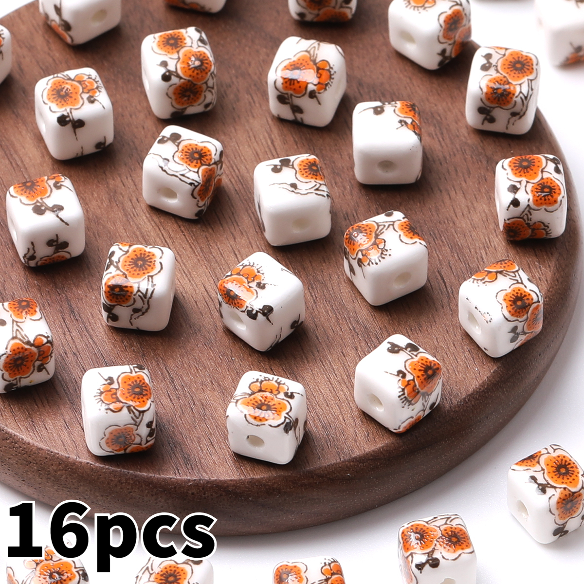 8pcs/16pcs Cube Printed Flowers Glazed Square Ceramic Beads for DIY Jewellery