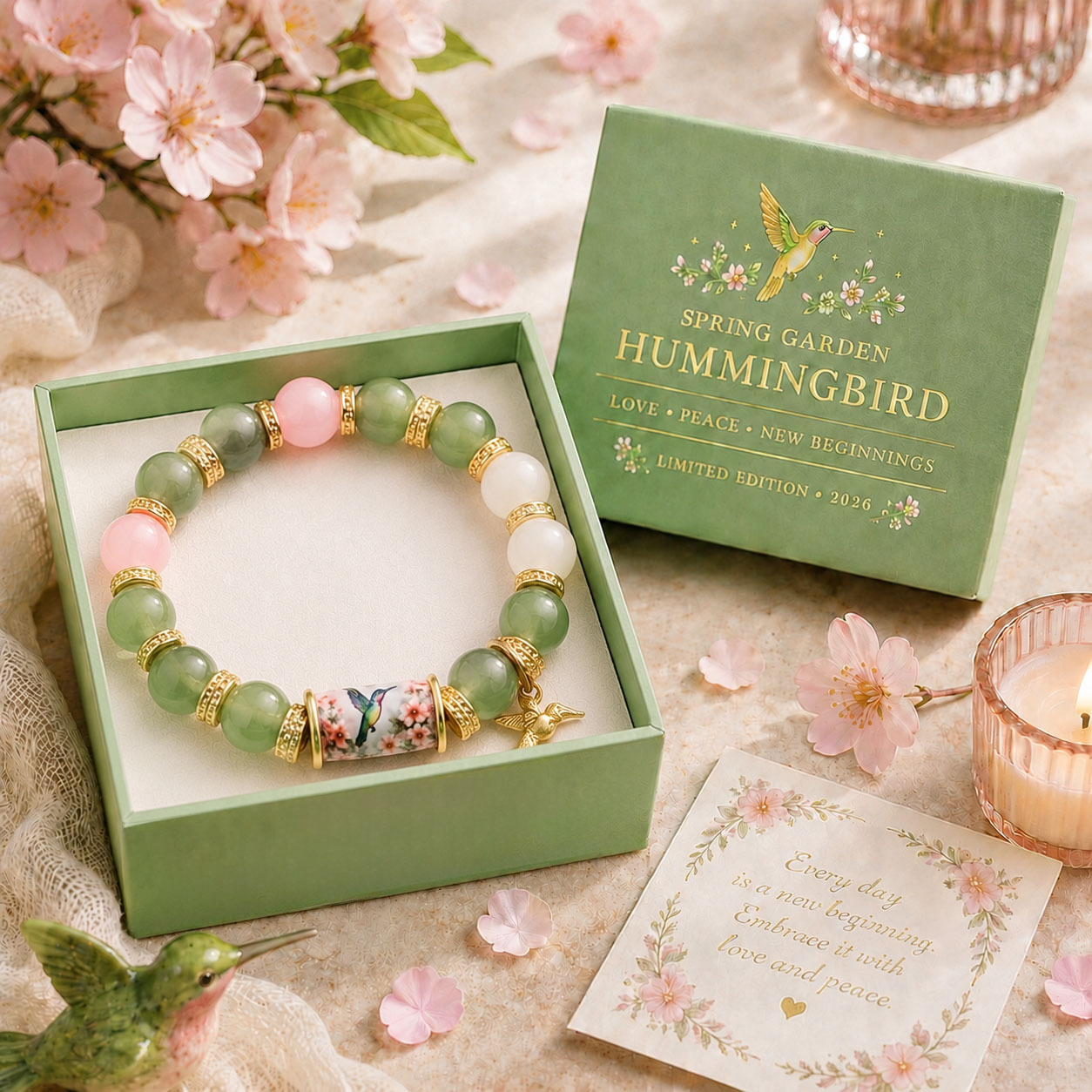 TEMU Vintage Hummingbird Beaded Bracelet, Green Pendant Bracelet With Pink Floral Porcelain Beadselegant Floral Jewelry, Perfect As A Gift For