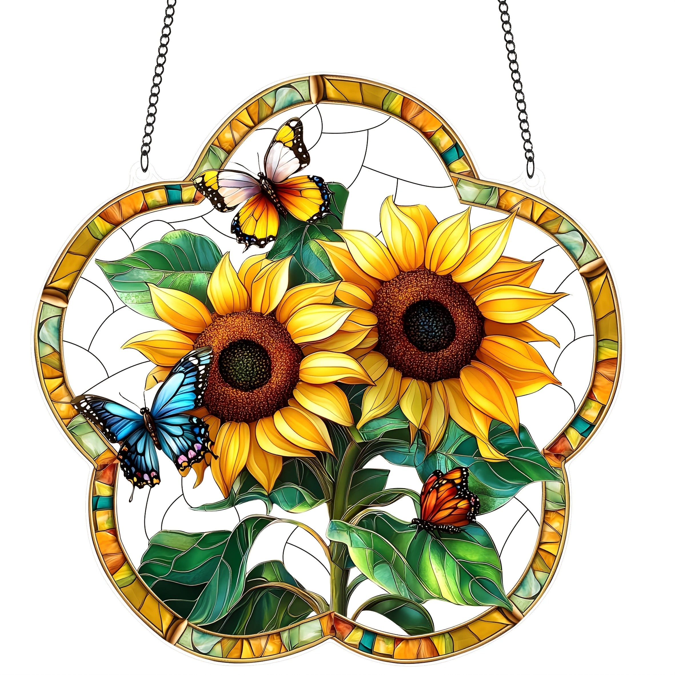 E-shop 2D Flache Sonnenblumen-Schmetterlingsfänger Garten-Dekoration, Pflaumenblüten-Acryl-Buntglas Hängedeko, Blumen-Wandkunst, Außengartendekoration,