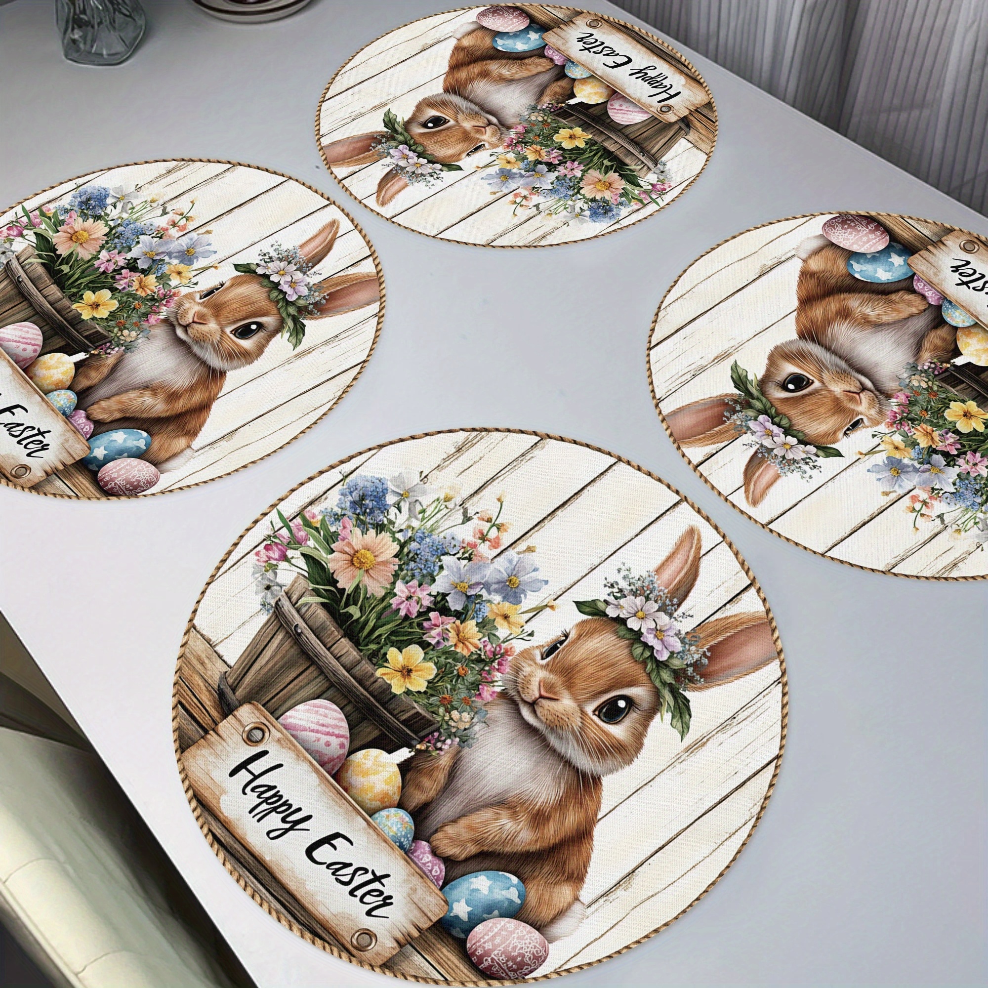 

4pcs Easter Bunny & Egg Round Placemats, 15" Heat Resistant Polyester Table Mats, Non-slip Woven Fabric, Hand Washable Dining Decor