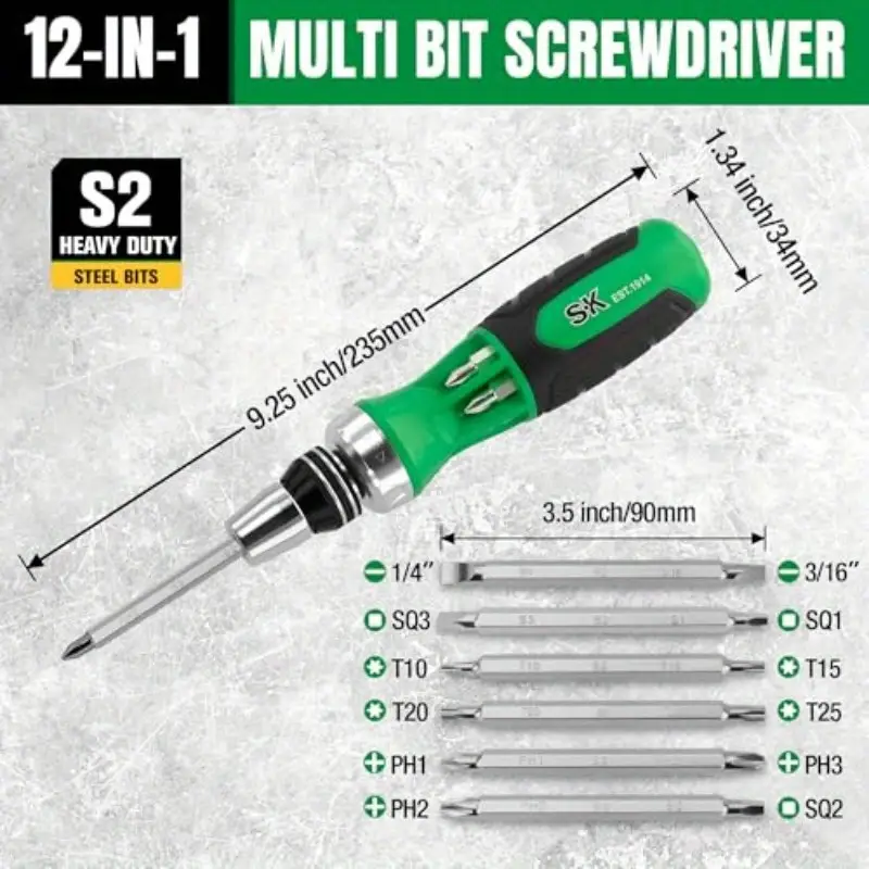 12 in 1 ratcheting screwdriver 216p driver with mechanism s2 steel bits ergonomic handle 6 double ended bits phillips slotted star square 216 position ratchet bits in handle for professional diy use workshop essentials reliable mechanism workshop tools precision tool home Product details 6