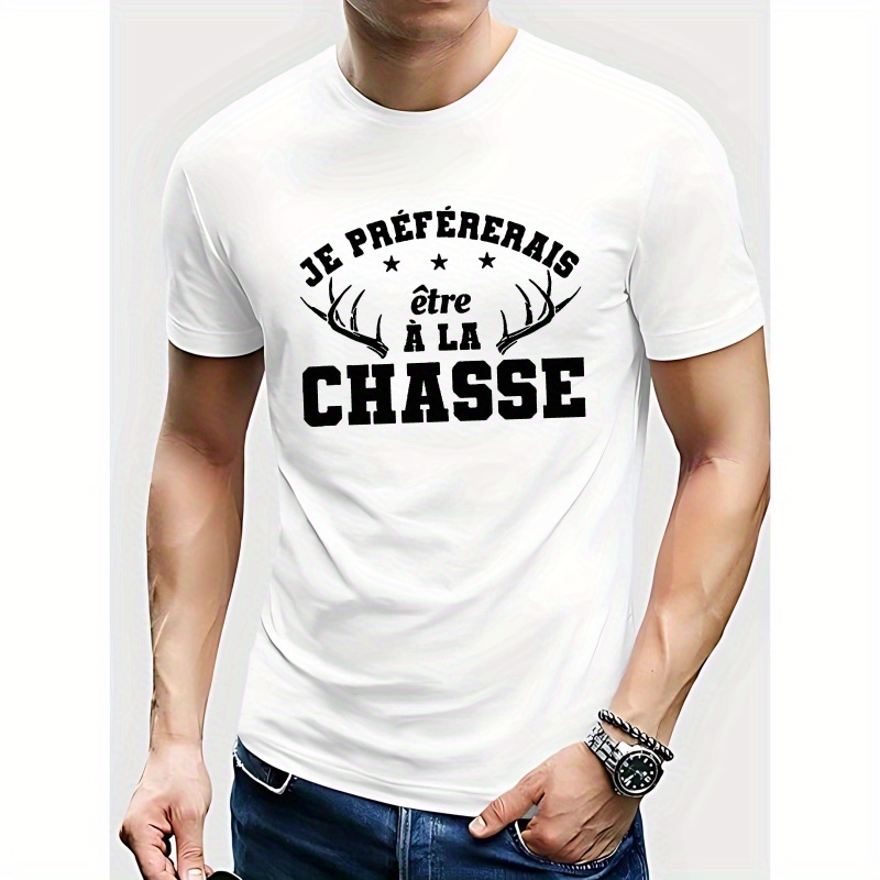 

T-shirt à col rond en polyester pour homme, style décontracté, coupe régulière, tissu tricoté avec légère extensibilité, avec de cornes de français, motif géométrique, pour l'été