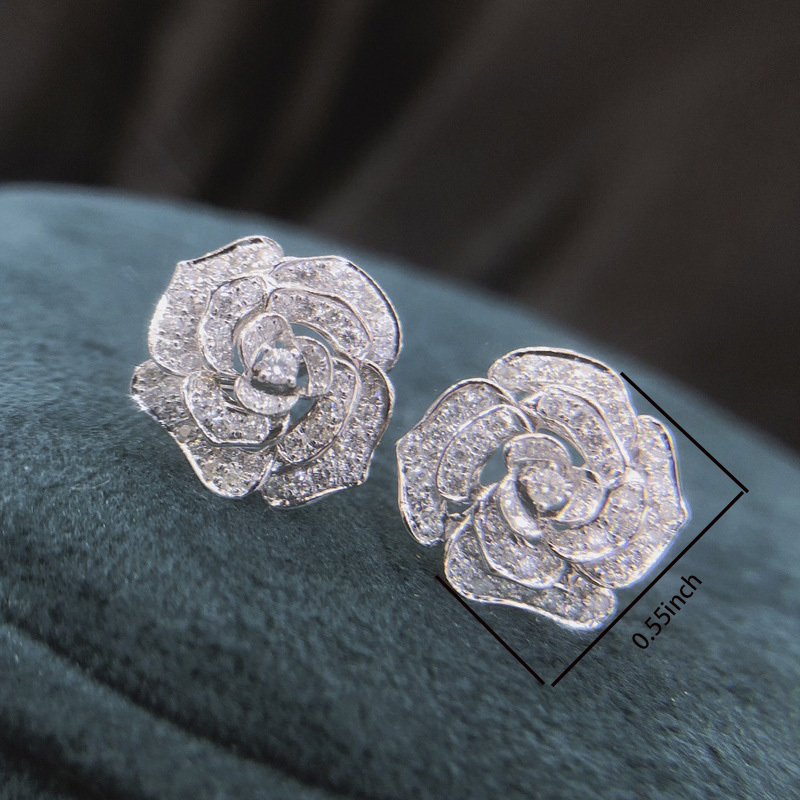 Image of Rose-shaped Stud Earrings Micro-dense Inlaid Zirconia Silvery-plated Earrings Lady Temperament Bride Engagement Banquet Fine Jewelry