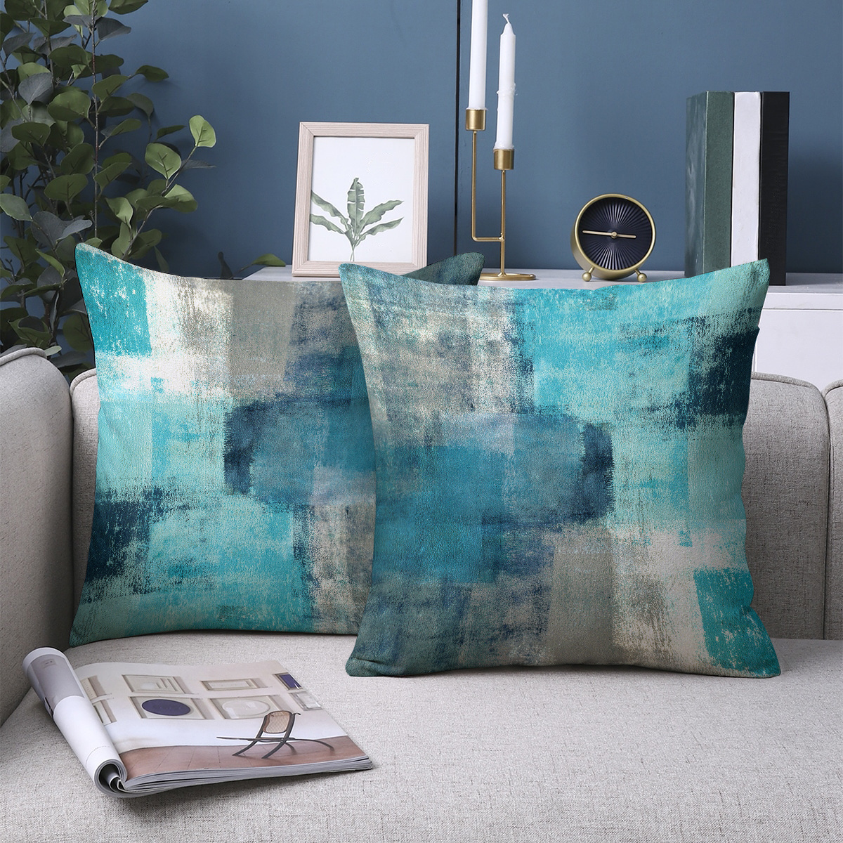 

2-pack Modern Abstract Blue Printed Throw Pillow Covers, 18x18 Inch, Knit Polyester, Machine Washable, Zipper Closure, Decorative Cushion Cases For Living Room, Bedroom, Room Types