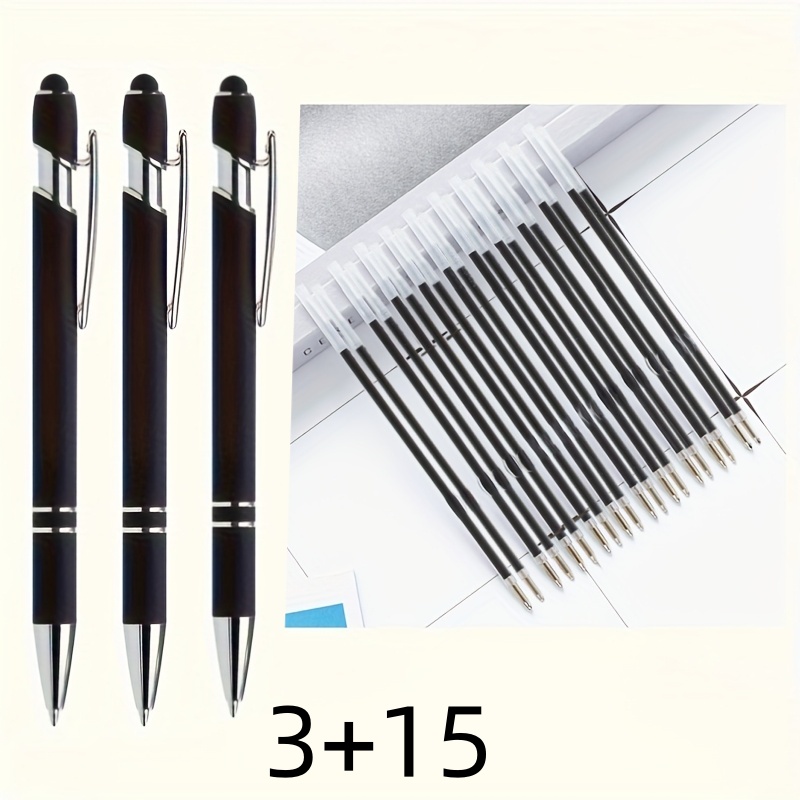 18pcs Set: 3 Pens + 15 Refills, Ballpoint Pen Set, Includes 3 Pens + 15 Refills, Smooth Writing, Equipped With Stylus Tip, Multi-functional Use—non-slip Grip, Compatible With All Devices