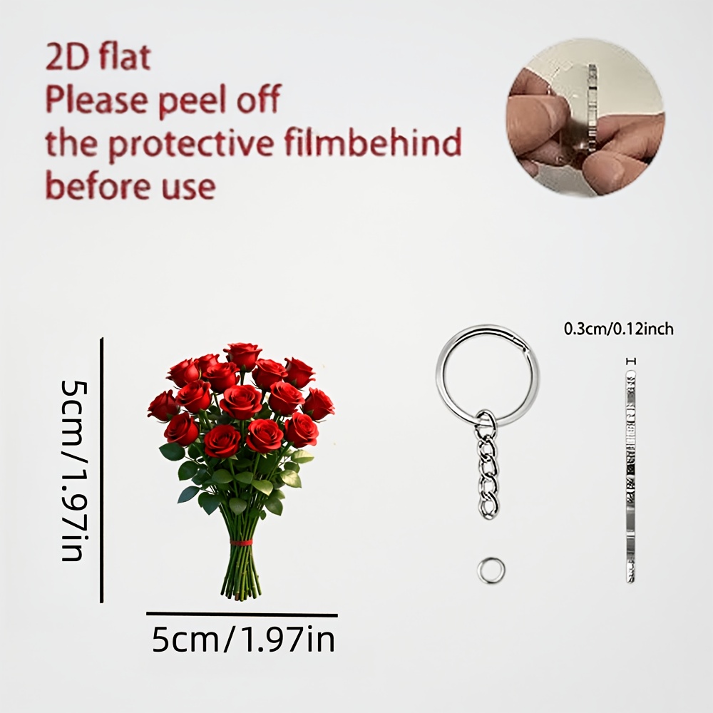 E-shop 2D-Flach, 2D-Ebene [2D-Ebene] [2D-Ebene] Bezaubernder 2D-Acryl-Schlüsselanhänger mit roter Rose – Stilvoller Acryl-Blumen-Schlüsselanhänger mit