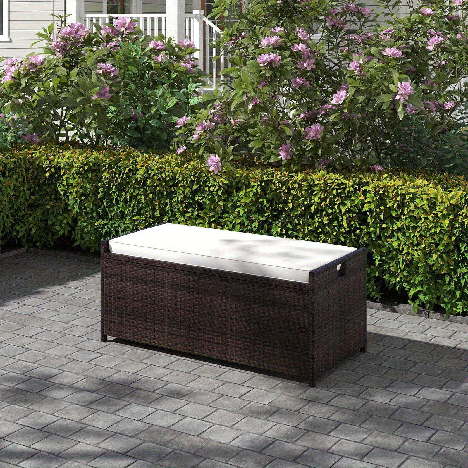 TEMU COSTWAY Banc de Rangement Extérieur 34 Gallons, Conteneur de Rangement en Osier PE avec Coussin de Siège et Doublure Zippée, Boîte de Terrasse