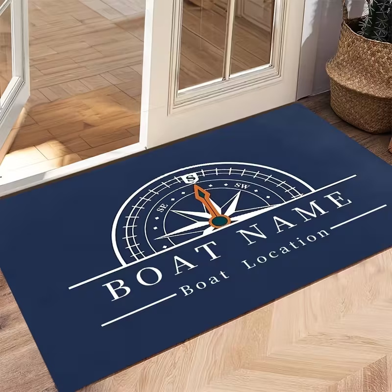 TEMU Customizable Nautical-themed Welcome Mat With Compass And Designs - Non-slip Backing, Customizable Name, Suitable For Living Room, Bedroom, And