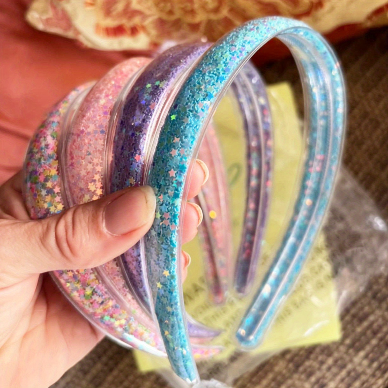 TEMU 4pcs Sparkling Glitter Headbands For Women - Rainbow Confetti, Non-slip Teeth Design In Pink, Purple & Blue - Birthday Parties, Christmas & Thanksgiving Gifts, Shining, Hair Accessories