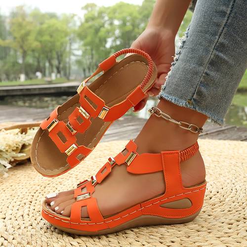 item picture womens hollow out wedge sandals metal back strap adjustable summer lightweight casual vacation women shoes
