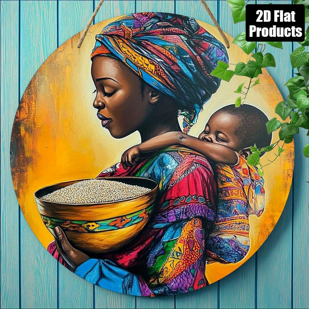 TEMU Decorazione Murale 2D - Pittura 2D con Africana e un Giovane, con Vivaci Blu e in Legno (8X8 Pollici) - Perfetta per Case, , Caff癡, Ristoranti e