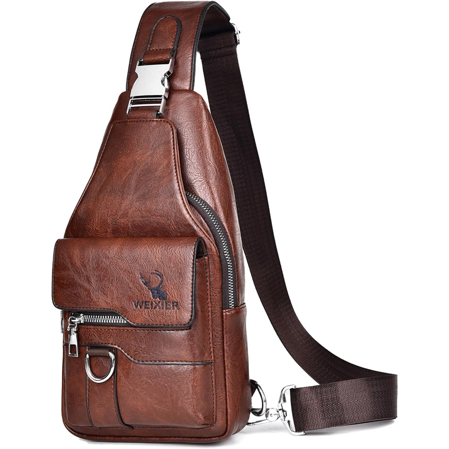 Image of Vintage Full-grain Leather Men's Sling Chest Bag, Multi-pocket Crossbody Shoulder Pack With , Fits Smartphones, Wallets, Keys And Other Daily Essentials, Ideal For Casual Commuting Or Travel