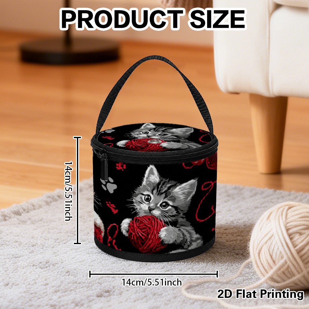 TEMU (2d Flat)1pcs Compact Yarn Storage Bucket With Kittens With Yarn Artwork, Foldable Zippered Knitting Bag, Wool Organizer For Home Storage,