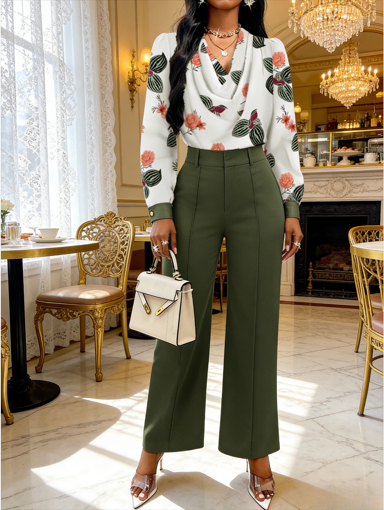 Ladies' Fashionable and Elegant Two-Piece Set - Long-Sleeved Floral Shirt +  Olive Green Wide-Leg Pants | Suitable for Commuting, Parties, and * |  Perfect Christmas Gift | Fashionable for *