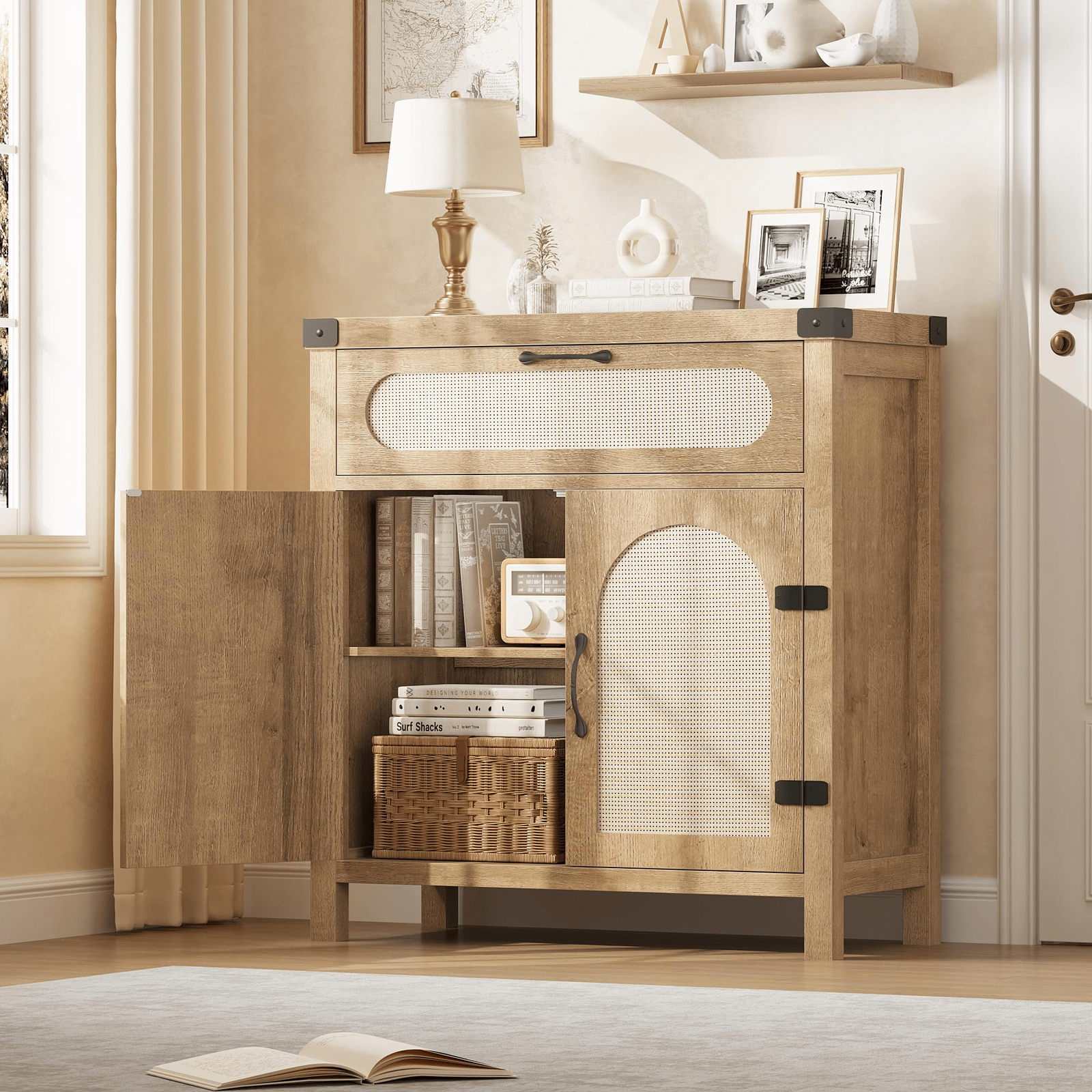Modern Boho Entryway Storage Cabinet, Rattan Sideboard Buffet With Drawer And Adjustable Shelves, Accent Furniture For Hallway, Living Room, Dining Room, Or Kitchen, 75* 35* 84cm