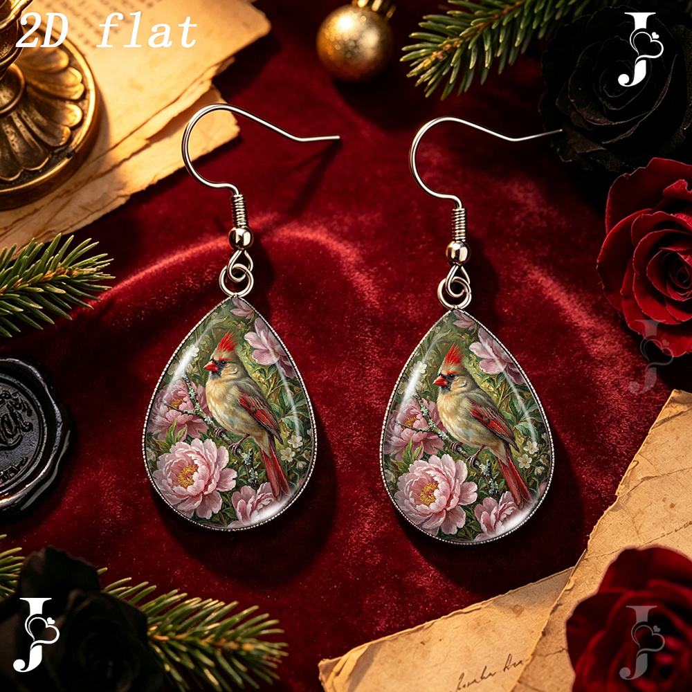 Teardrop Dangle Earrings with Cardinal Bird Peony Flower Pattern