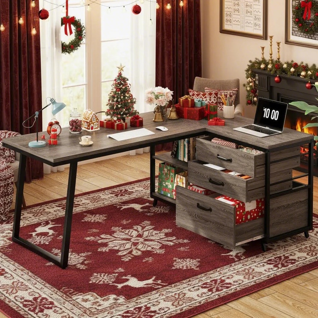53-inch L-shaped Desk In That , Featuring Shelves And 3 Drawers, Designed For Home Office Use (table Only)