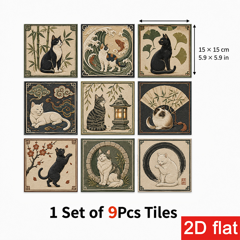TEMU Pegatinas de Azulejos de Pizarra 2D de 9 piezas 15X15Cm (5.9X5.9In) Premium - Azulejos de Pared Autoadhesivos con Elegante Diseño de Gato y