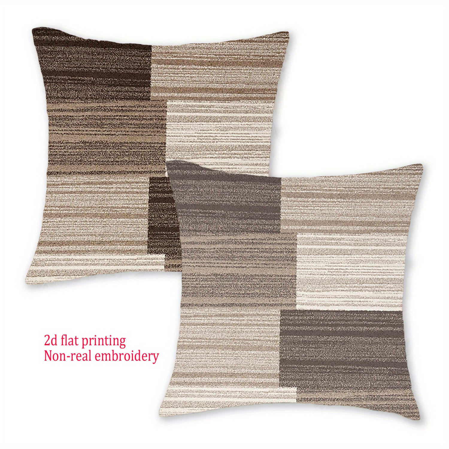 TEMU 2pcs 2d Flat Printing Spring Geometric Pillowcases, Multiple Sizes . Features Warm Brown Block And Striped Patterns With Gradient Layers To