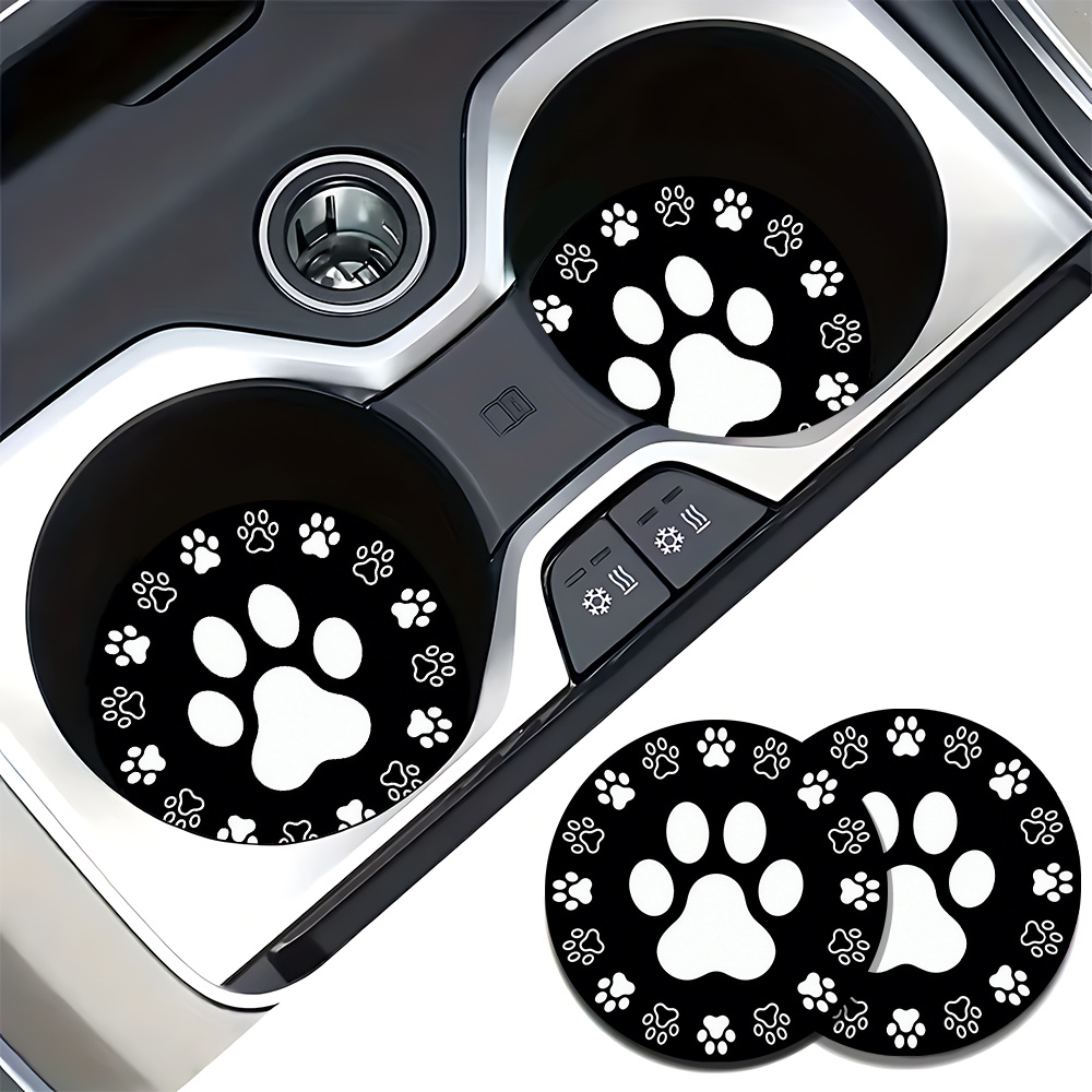 TEMU 2 sous-verres noirs et blancs avec empreintes de pattes d'animaux mignons, adaptés aux porte-gobelets de voiture, absorbants et antidérapants,