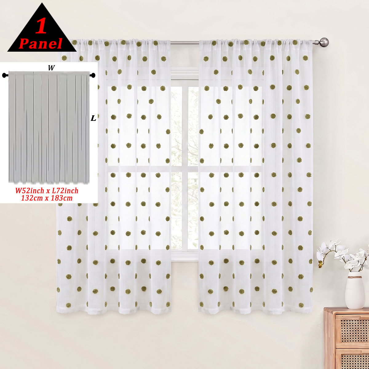 TEMU 1pc, Olive Green Modern Minimalist Pompom Translucent Sheer Curtain, Rod Pocket Top, 3d Plush Ball Jacquard Design, Lightweight And Soft, Light