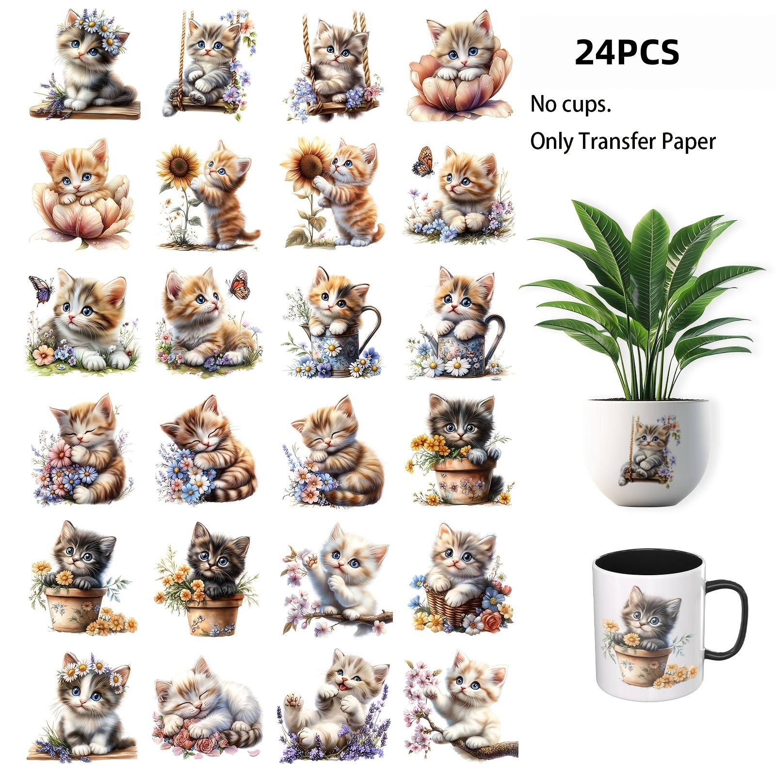 TEMU Lot de 24 UV DTF à appliquer sur les tasses, thème adorables chatons ; transfert à gratter adapté aux tasses en verre ; UV DTF durable pour
