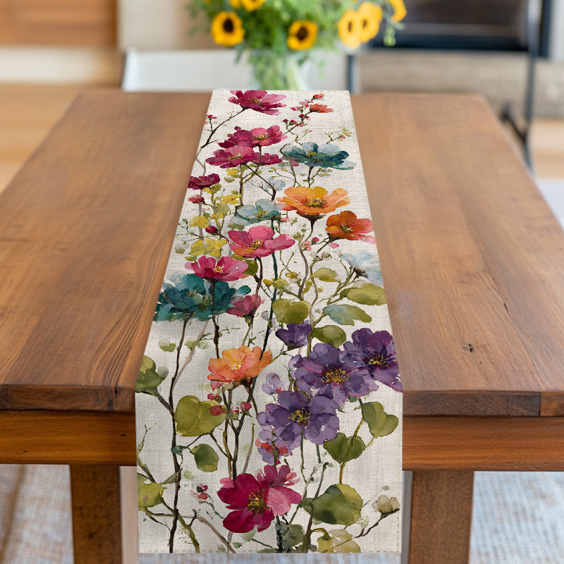 E-shop Tischläufer, Tischdecke, Aquarell-Blumendesign mit bunten Blüten, mehrfarbige Töne, für Frühlingsfest, Muttertag, Vatertag, Geburtstag, Hochzeit
