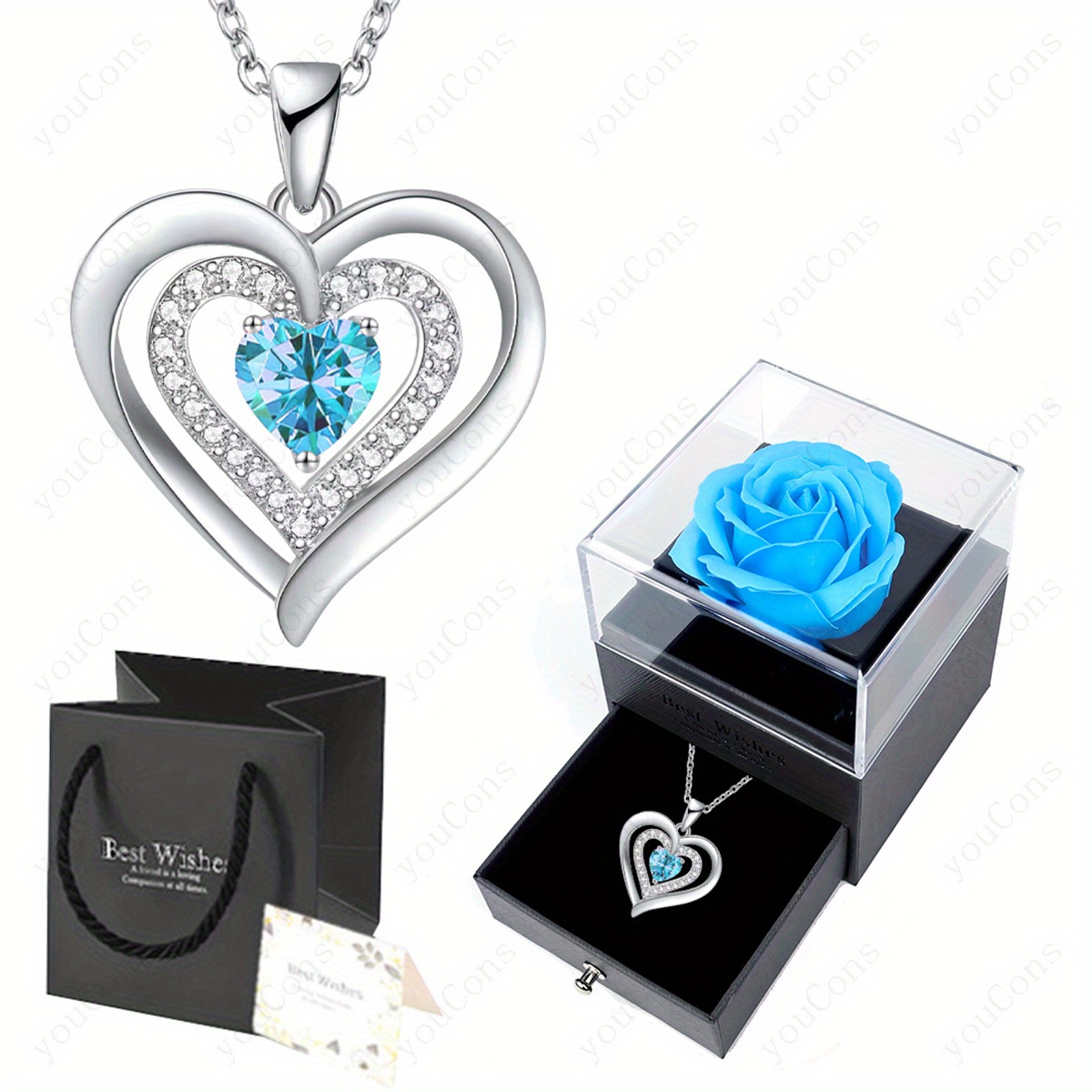 TEMU Collier élégant avec pendentif de cœur, en synthétique bleu " stone", avec boîte cadeau en acrylique bleu rose assortie, carte de vœux et .