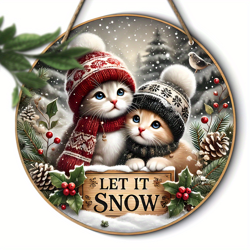 TEMU 2d Flat - Kitten Christmas Ornament - Winter Scene With Falling Snowflakes, Featuring A Ginger-colored Striped Cat Round Wooden Wall Decoration,