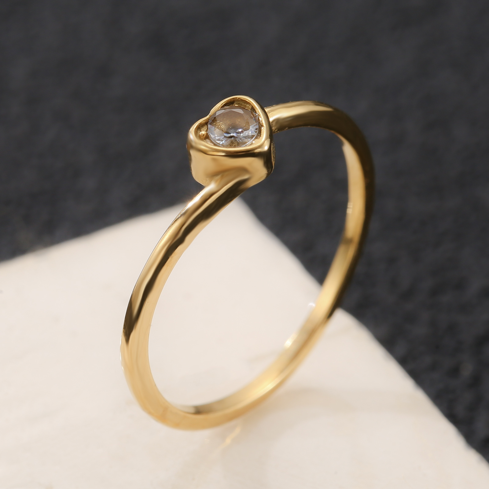 Image of Golden Minimalist Stackable Fashion Accessory Gift For Women Featuring A Heart Shaped Cubic Zirconia Ring Made Of Stainless Steel