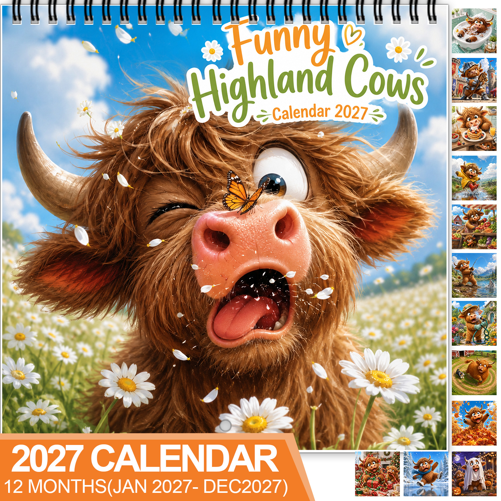 TEMU Calendrier mural 2027 Vache Highland, Calendrier spirale 12 mois fantaisiste d'animaux avec grands de date inscriptibles, Présente des vaches