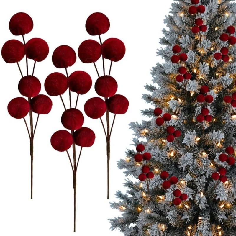 TEMU Luxury Large 12-inch Burgundy Velvet Christmas Ornaments - Multi-sphere Ball Picks With Sturdy Stems, Elegant Hanging Decorations Suitable For