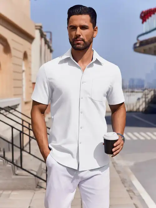 Short Sleeve Designer White Dress Shirts Casual Dress Shirts For Men With Short Sleeves, Featuring A Button Short Sleeve Designer White Dress Shirts Casual Dress Shirts For Men With Short Sleeves, Featuring A Button