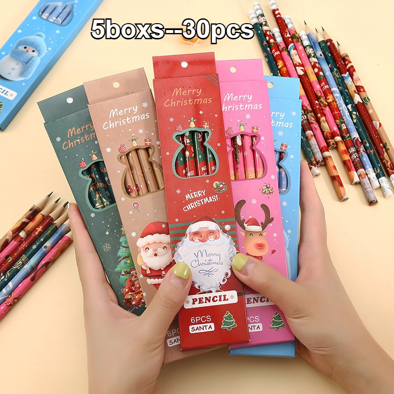 30pcs Christmas Pencil Christmas Wood Pencil Eraser Includes Snowman Santa Christmas Tree (5 Boxes Included), 5 Different Styles, Christmas Stationery Pencil, Ideal For Office School Classroom Supplie